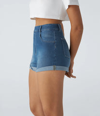Halara Flex™ High Waisted Pockets Rolled Hem Washed Denim Casual Shorts