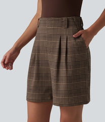 High Waisted Baggy Plaid Work Bermuda Shorts with Pockets
