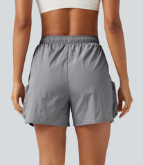 High Waisted Drawstring Workout Cargo Shorts with Pockets