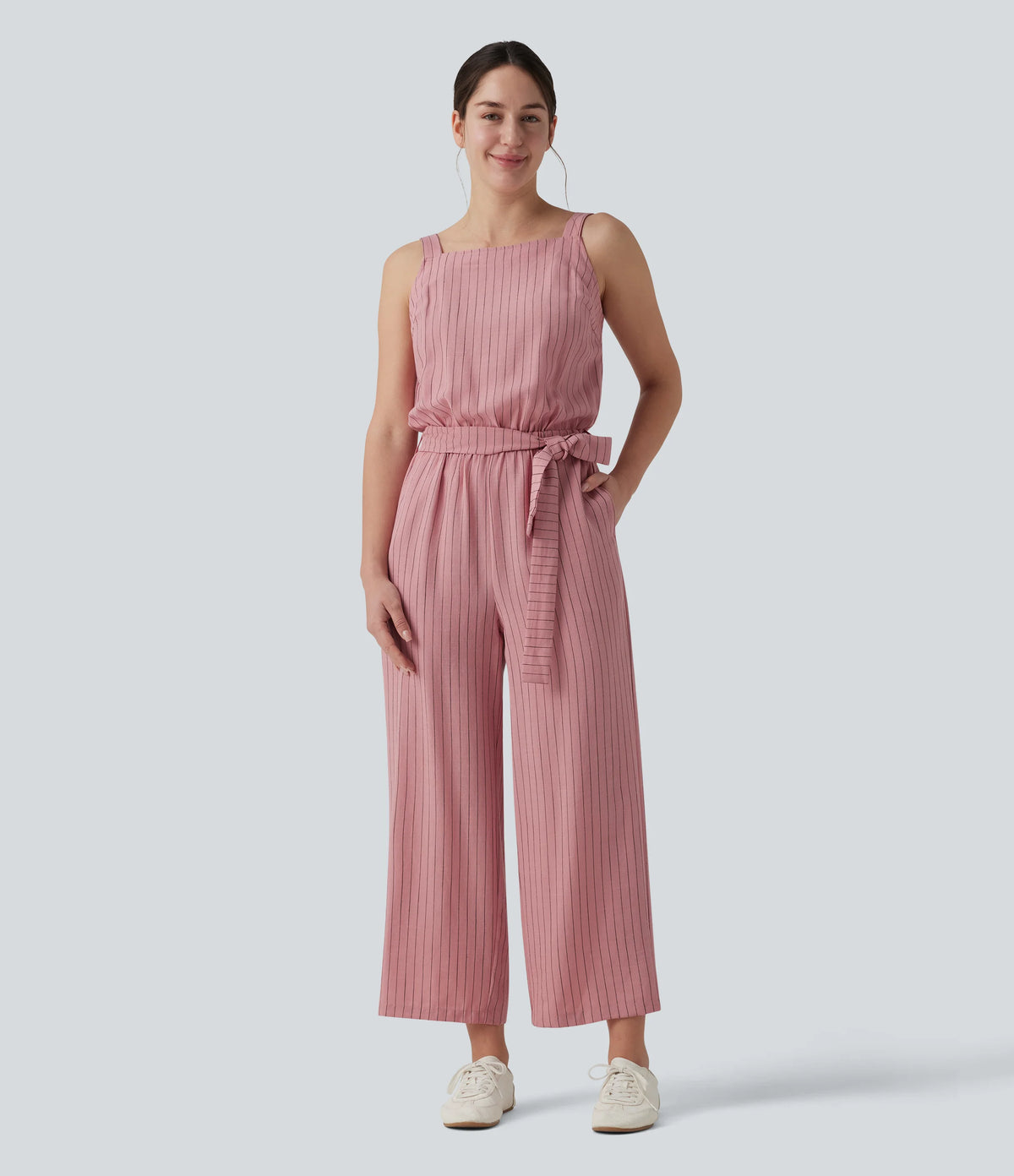 Square Neck Adjustable Straps Sleeveless Belted Stripes Casual Linen-Feel Jumpsuit with Pockets-Easy Peezy