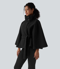 High-neck Long Sleeve Belted Work Cape Coat