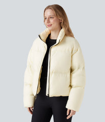 Stand Collar Drawstring Hem Casual Puffer Down Jacket with Pockets