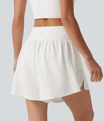 Crossover High-waisted Split Hem 2-in-1 Crinkle Running Shorts with Pockets