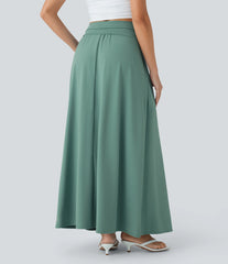 High Waisted Tummy Control Flare Maxi Casual Skirt with Pockets
