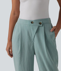 Asymmetric High Waisted Tapered Work Linen-Feel Pants with Pockets