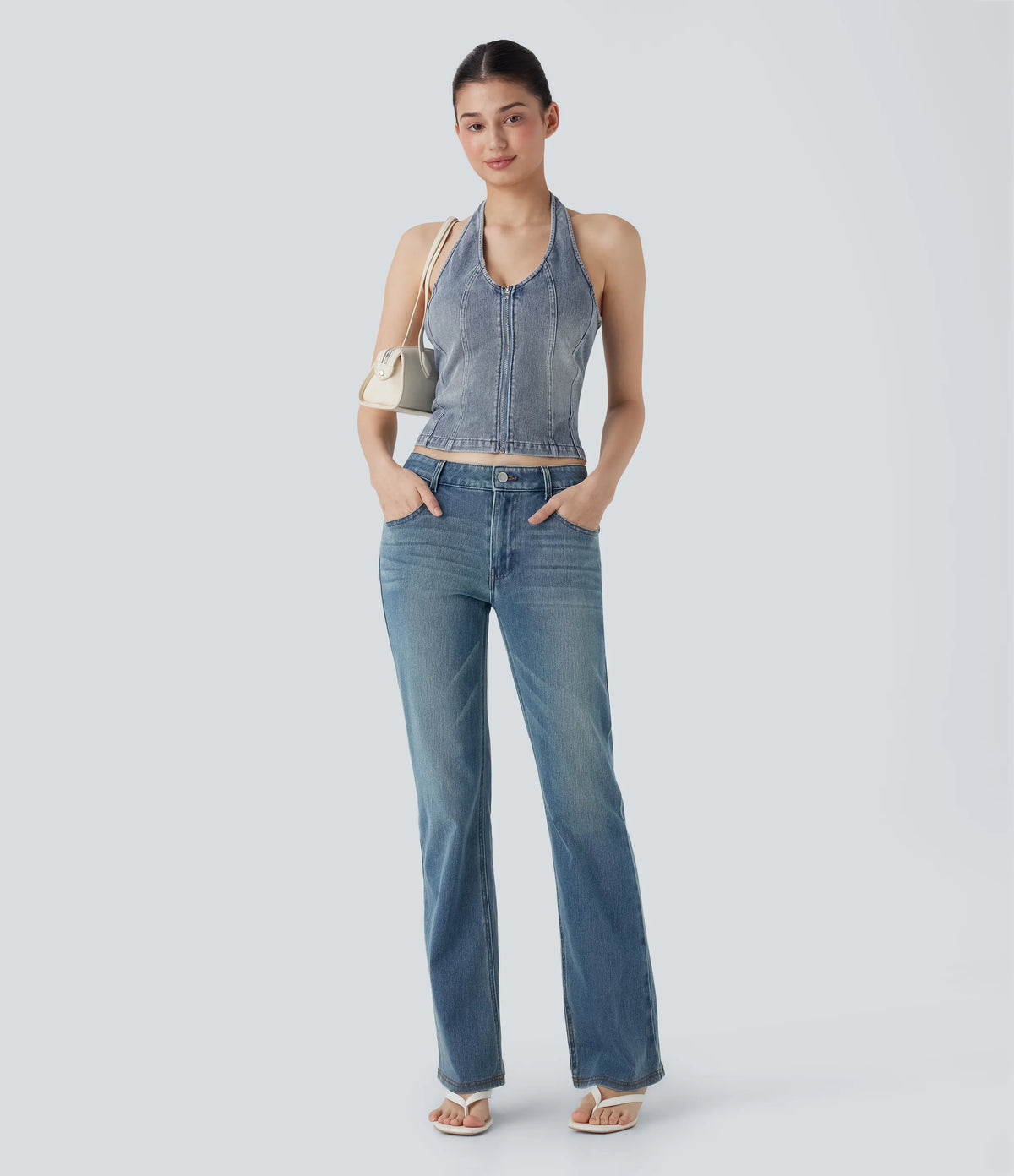 Halara Flex™ Halter Zipper Washed Denim Casual Tank Top
