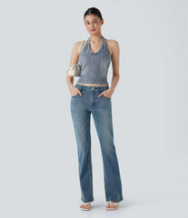 Halara Flex™ Halter Zipper Washed Denim Casual Tank Top