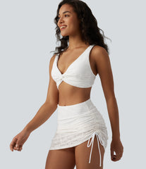 Deep V-neck Twisted Adjustable Straps Tummy Control Drawstring 2-in-1 Lace Overlay Bikini Set
