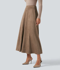 High Waisted Suede Midi Casual Flare Skirt with Pockets