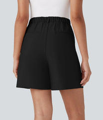 High Waisted Zipper Pocket Work Linen-Feel Bermuda Shorts