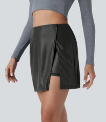 SoftlyZero™ Faux Leather High Waisted Hem 2-in-1 Pocket Sparkle Foil Print Stretchy Bodycon Mini Skirt