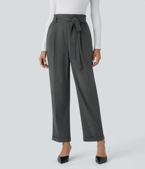 High Waisted Belted Pocket Straight Leg Work Pants