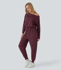 Off Shoulder Long Sleeve Pocket Waffle Casual Jumpsuit