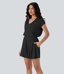 V Neck Short Sleeve Pocket Waffle Casual Romper-Easy Peezy Edition