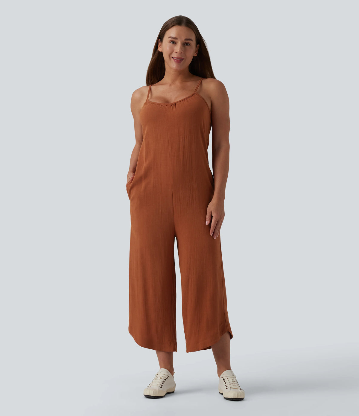Wide Leg Casual Linen-Feel Slip Jumpsuit with Pockets