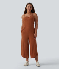 Wide Leg Casual Linen-Feel Slip Jumpsuit with Pockets