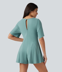V Neck Short Sleeve Keyhole Back Casual Romper