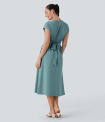 Breezeful™ V Neck Short Sleeve Pocket Tie Back Quick Dry Midi Casual Dress
