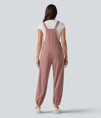 Square Neck Waffle Casual Tapered Overalls with Pockets