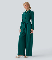 V-neck Long Sleeve Belted Jumpsuit with Pockets-Easy Peezy