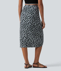 High Waisted Ruched Midi Leopard Print Waffle Casual Tulip Skirt