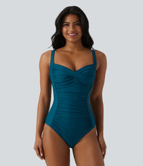 Queen Anne Neck Adjustable Straps Twisted Ruched Push-Up Tummy Control One Piece Swimsuit