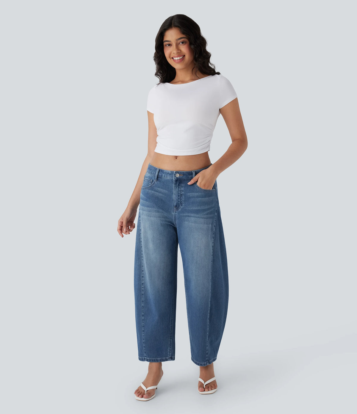 Halara Flex™ Mid Rise Washed Casual Barrel Leg Jeans with Pockets