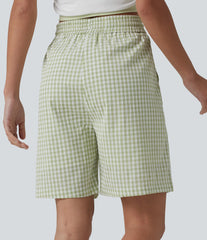 High Waisted Drawstring Gingham Plaid Resort Baggy Bermuda Shorts with Pockets