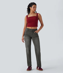 Halara Flex™ Low Rise Zipper Pockets Straight Leg Washed Casual Jeans