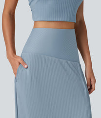 Ribbed Knit High Waisted Tummy Control Maxi Casual Skirt with Pocket