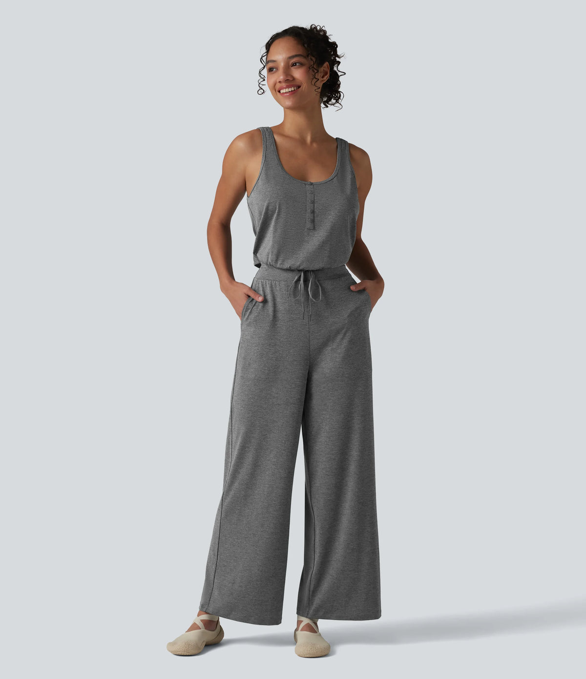 Halara UltraSculpt™ Heathered U-Neck Sleeveless Quick Dry Yoga Jumpsuit with Pockets-Easy Peezy