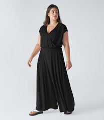 V Neck Short Sleeve Pocket Wide Leg Flowy Waffle Casual Plus Size Jumpsuit