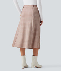 High Waisted A Line Houndstooth Plaid Midi Work Skirt with Pockets
