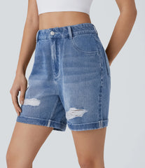 Halara Flex™ High Waisted Pockets Ripped Rolled Hem Washed Denim Casual Shorts