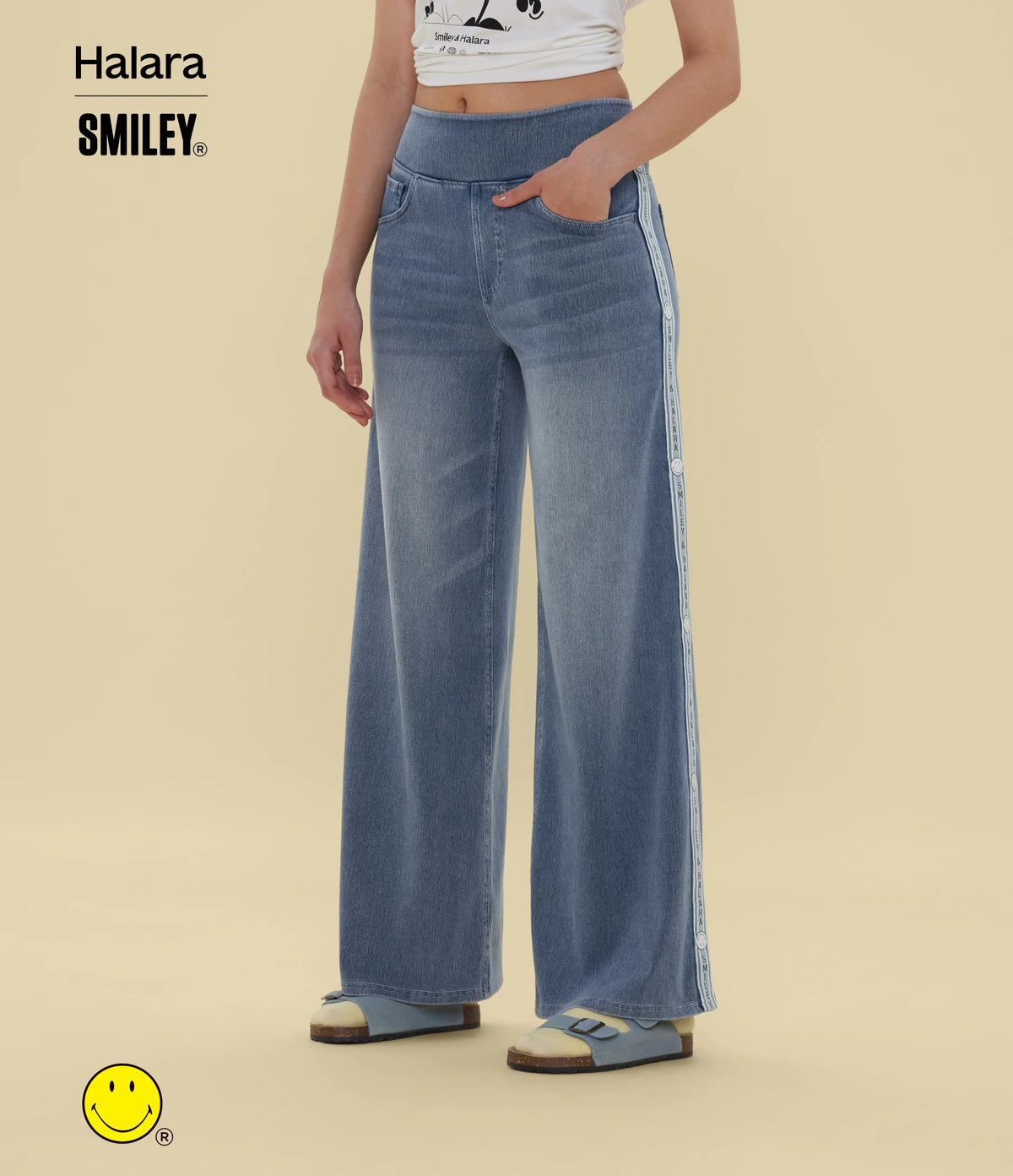 Halara X Smiley® Halara Flex™ High Waisted Baggy Wide Leg Washed Casual Jeans with Pockets