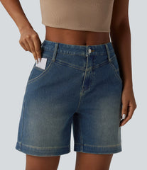 Halara Flex™ Mid Rise Rolled Hem Washed Denim Casual Baggy Bermuda Shorts with Pockets