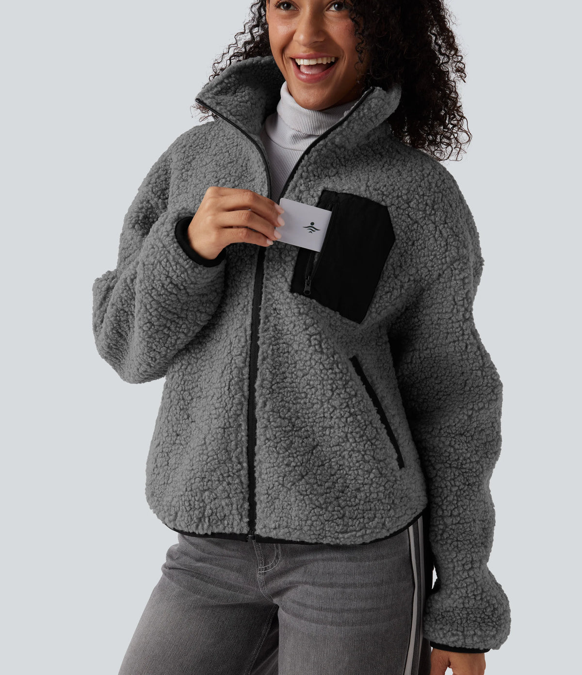 Turtleneck Long Sleeve Casual Sherpa Jacket with Pockets