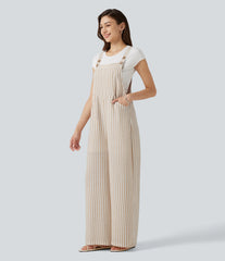 Stripe Casual Linen-Feel Overalls with Pockets