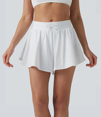 Mid Rise Drawstring Split Curved Hem 2-in-1 Bikini Shorts with Pockets