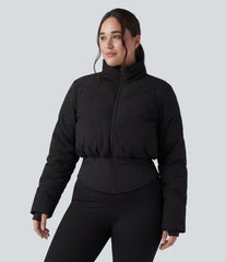 PuffFlex Plus Size 3-in-1 Stand Collar Casual Cropped Puffer Coat & Thumb Holes Curved Hem Jacket with Pockets