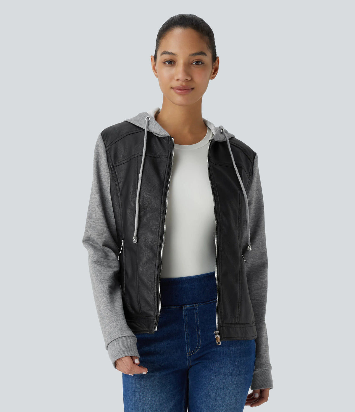 Hooded Drawstring Pocket Zipper Contrast Faux Leather Casual Jacket