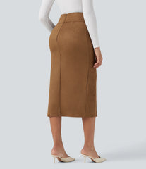 High Waisted Bodycon Suede Midi Casual Skirt