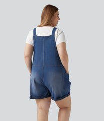 Plus Size Halara Flex™ V Neck Rolled Hem Washed Denim Casual Short Overalls with Pockets
