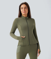SoftlyZero™ Stand Collar Thumb Hole Pockets Pleated Zipper Slim Jacket-UPF50+