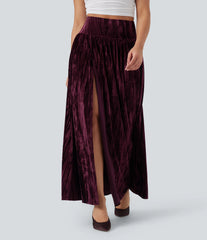 High Waisted 2-in-1 Velvet Maxi Casual Skirt