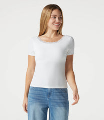 Ribbed Knit Scoop Neck U Back Short Sleeve Contrast Lace Built-in Bra Casual T-Shirt