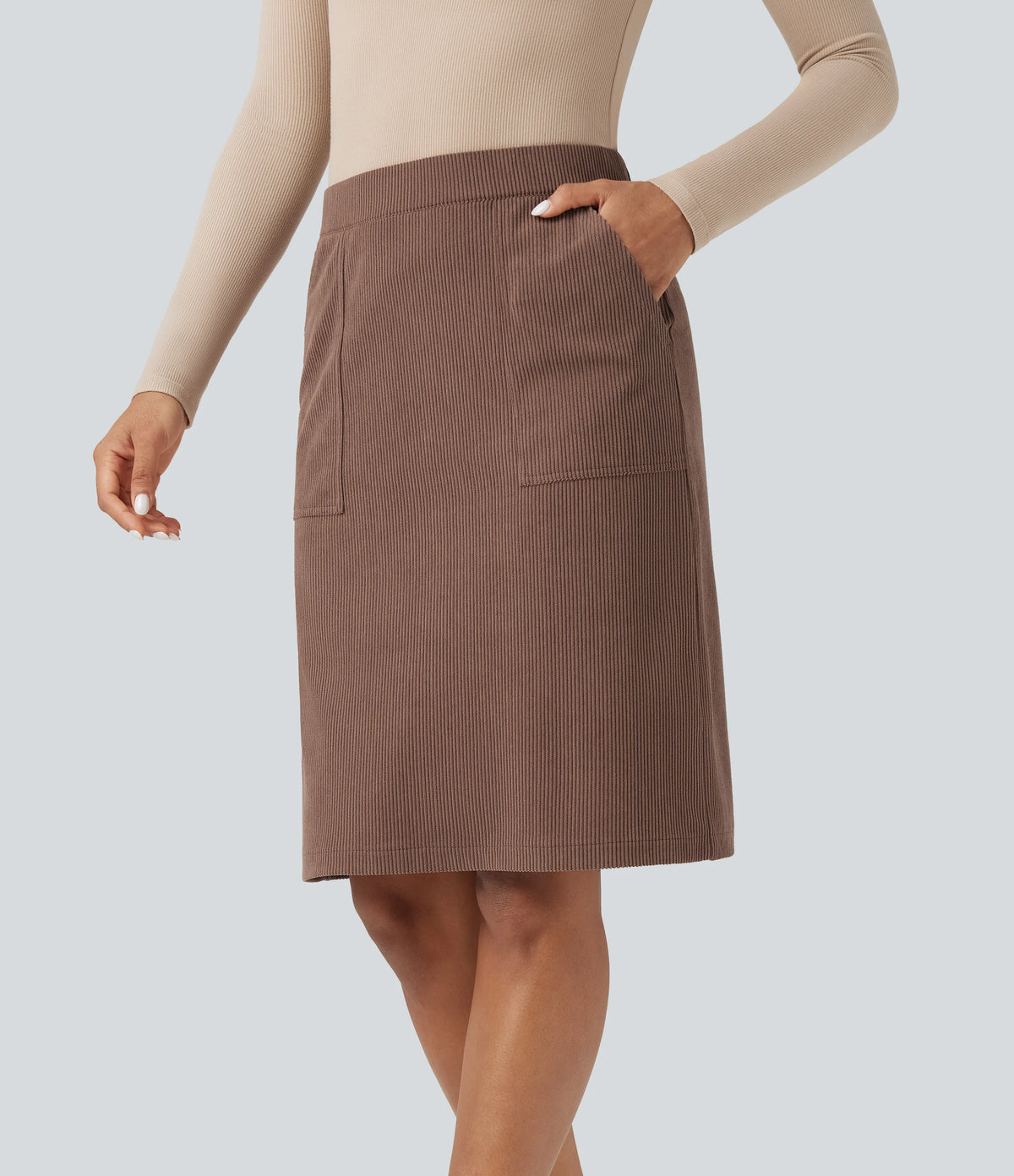 High Waisted  A-line Split Corduroy Casual Skirt with Pockets