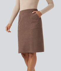 High Waisted  A-line Split Corduroy Casual Skirt with Pockets