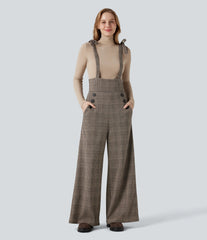 Tie Side Wide Leg Houndstooth Plaid Work Overalls with Pockets