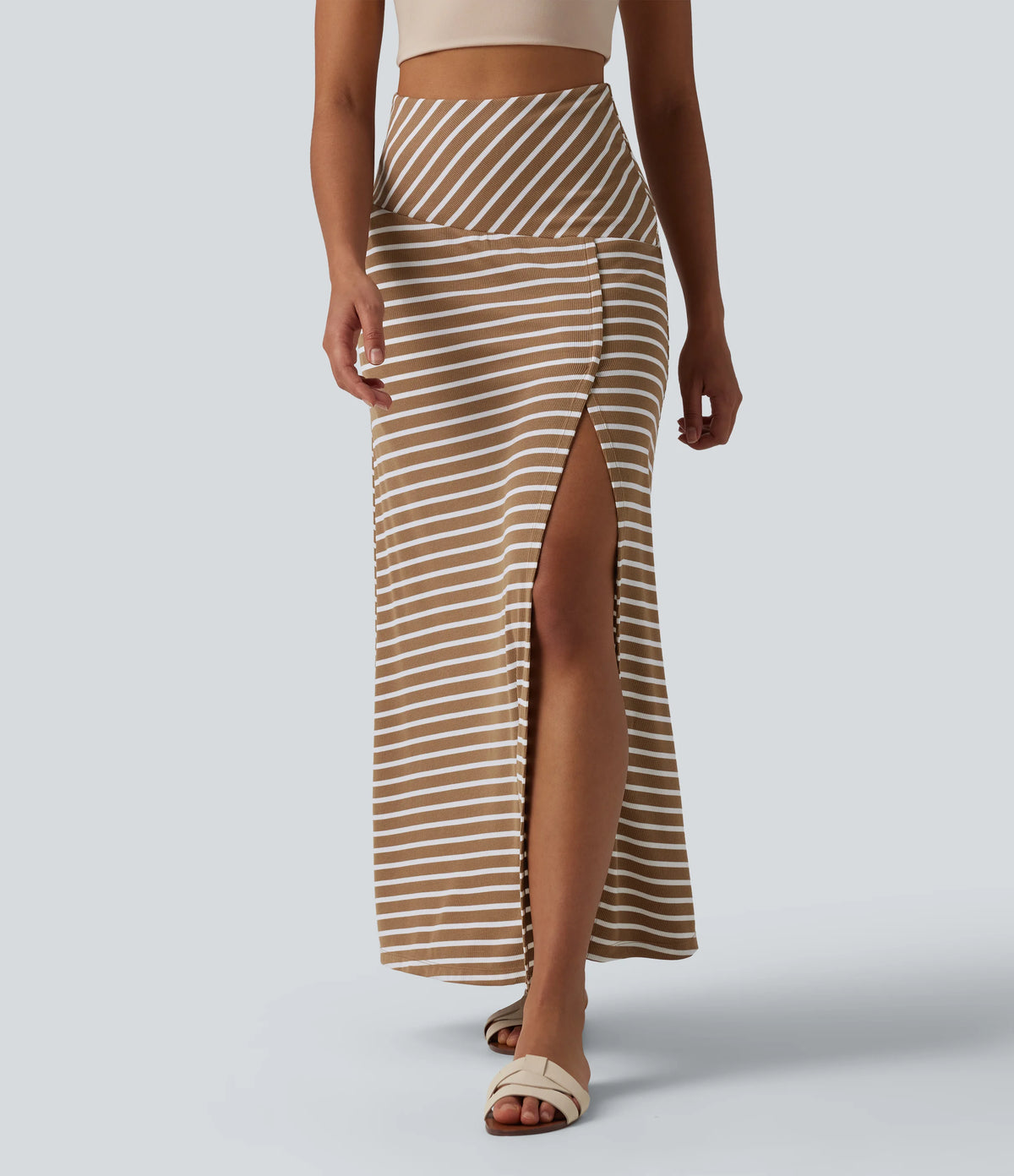 Ribbed Knit High Waisted Tummy Control Stripe Maxi Casual Skirt with Pocket